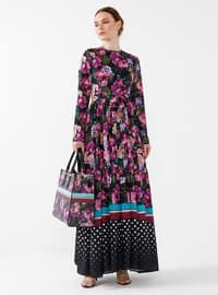 Purple - Floral - Crew neck - Fully Lined - Modest Dress
