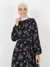 Black - Floral - Crew neck - Fully Lined - Modest Dress