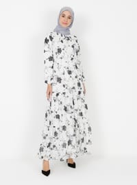 White - Ecru - Floral - Crew neck - Fully Lined - Modest Dress