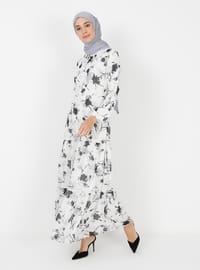 White - Ecru - Floral - Crew neck - Fully Lined - Modest Dress