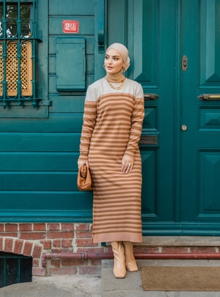 Crew Neck Color Detailed Striped Knitwear Modest Dress Brown