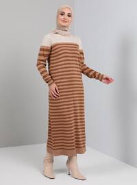 Crew Neck Color Detailed Striped Knitwear Modest Dress Brown