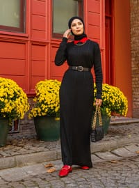 Crew Neck Knit Sweater Long Modest Dress Black