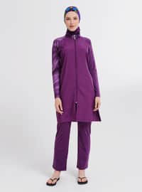 Purple - Multi - Fully Lined - Full Coverage Swimsuit Burkini