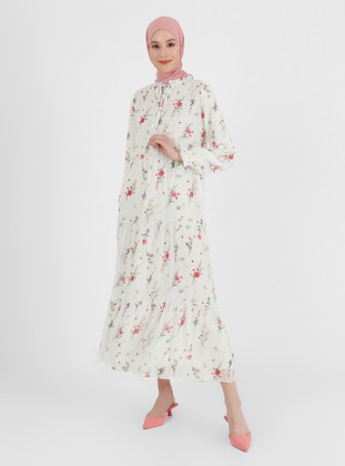 White - Red - Floral - Crew neck - Fully Lined - Modest Dress - Refka