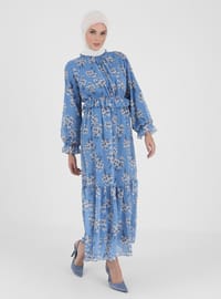 White - Blue - Floral - Crew neck - Fully Lined - Modest Dress
