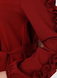 Ruffled Sleeves Detailed Belt Detailed Tunic Pants Co-Ord Burgundy