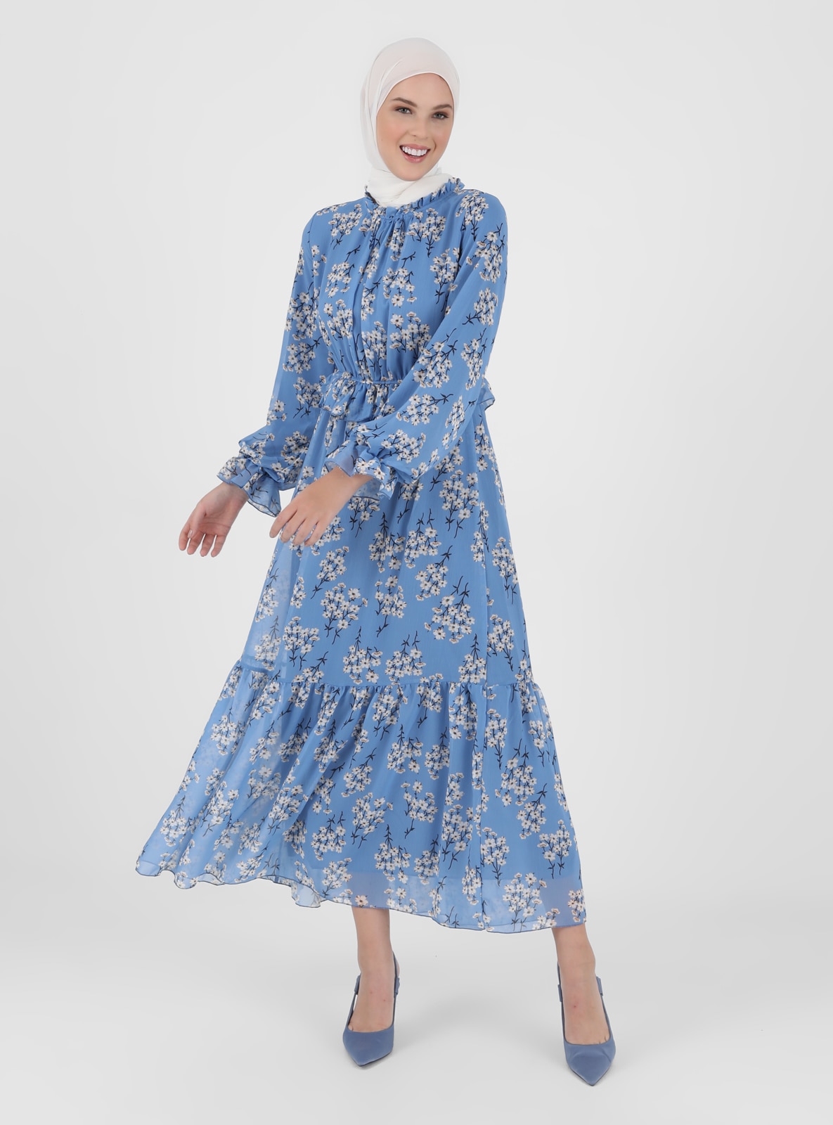 White - Blue - Floral - Crew neck - Fully Lined - Modest Dress