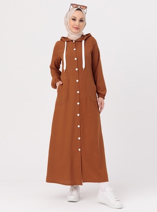 Hooded Button Detailed Overcoat Taba Coat