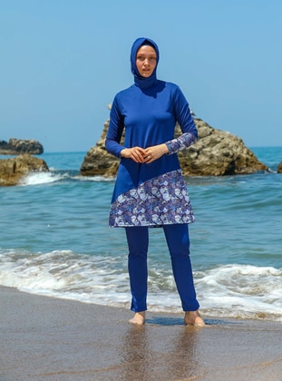 Navy Blue - Multi - Unlined - Full Coverage Swimsuit Burkini - Elif Okur