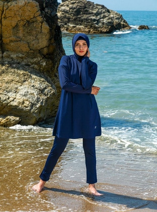 Navy Blue - Multi - Unlined - Full Coverage Swimsuit Burkini - Elif Okur