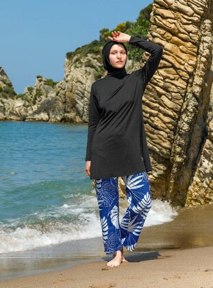 Black - Multi - Unlined - Full Coverage Swimsuit Burkini - Elif Okur