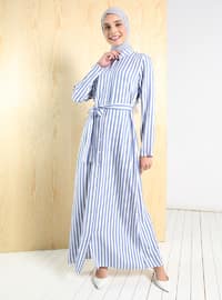 Blue - Stripe - Point Collar - Unlined - Modest Dress