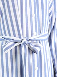 Blue - Stripe - Point Collar - Unlined - Modest Dress
