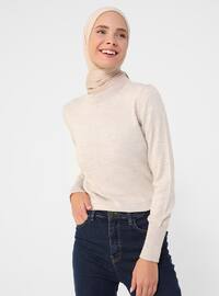 Beige - Polo neck - Unlined - Knit Tunics