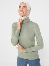 Green - Polo neck - Unlined - Knit Tunics