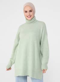 High Neck Long Sweater Tunic With Side Slit Detail Mint