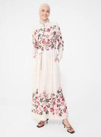 Beige - Fuchsia - Floral - Point Collar - Unlined - Modest Dress