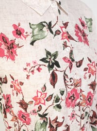 Beige - Fuchsia - Floral - Point Collar - Unlined - Modest Dress
