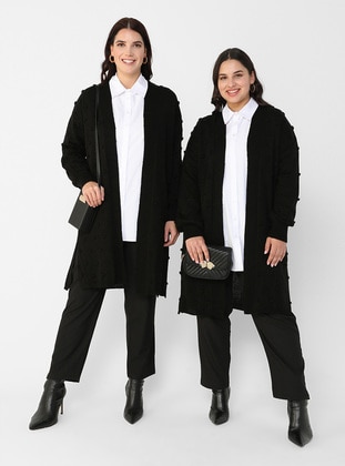 Black - Acrylic - Triko - Plus Size Cardigan - Alia