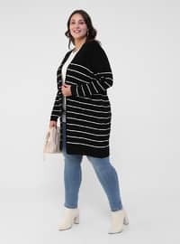 Ecru - Black - Stripe - Acrylic - Triko - Plus Size Cardigan