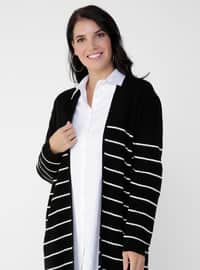 Ecru - Black - Stripe - Acrylic - Triko - Plus Size Cardigan