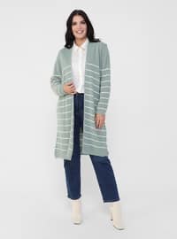 Ecru - Sea-green - Stripe - Acrylic - Triko - Plus Size Cardigan