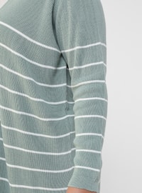 Ecru - Sea-green - Stripe - Acrylic - Triko - Plus Size Cardigan