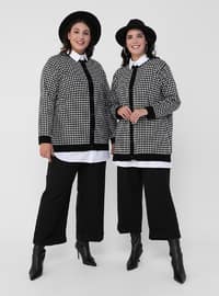 Ecru - Black - Houndstooth - Button Collar - Acrylic - Triko - Plus Size Cardigan
