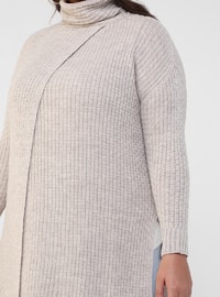 Gray - Polo neck - Acrylic - Triko - Plus Size Cardigan