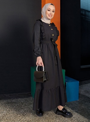 Ruffle Detailed Modest Dress Black