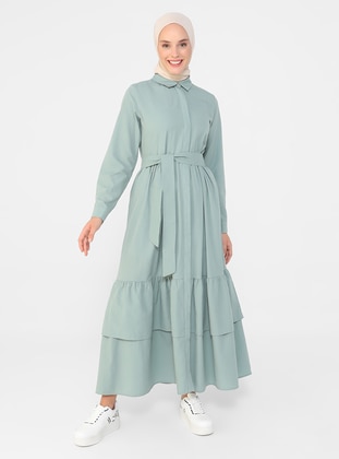 Green Almond - Point Collar - Unlined - Cotton - Modest Dress - Refka