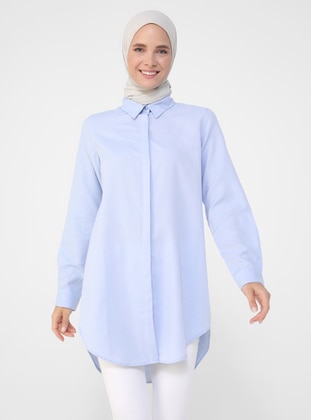 Oxford Fabric Tunic With Hidden Buttons Light Blue