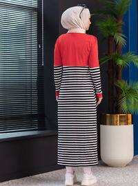 Red - Stripe - Crew neck - Unlined - Modest Dress