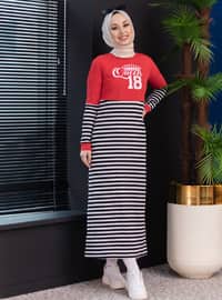 Red - Stripe - Crew neck - Unlined - Modest Dress