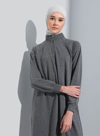 Zipper Detailed Sports Modest Dress Anthracite