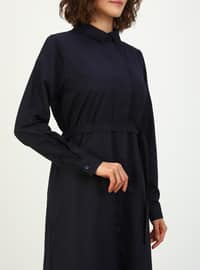 Oxford Fabric Long Shirt Modest Dress Navy Blue With Hidden Buttons