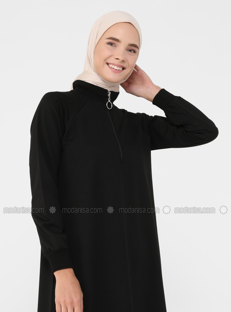 Black - Polo neck - Unlined - Cotton - Modest Dress