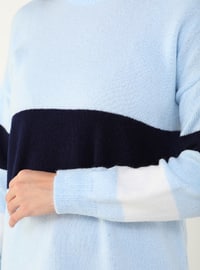 Ecru - Navy Blue - Crew neck - Plus Size Knit Tunics