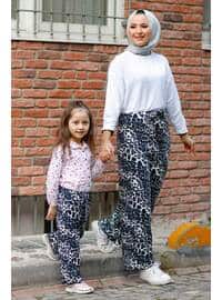 Floral - Round Collar - Unlined - Navy Blue - Girls` Pants