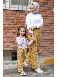 Floral - Round Collar - Unlined - Yellow - Girls` Pants