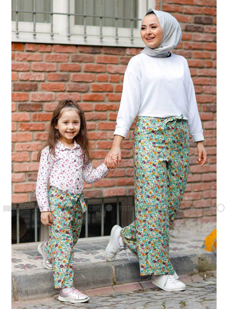 Floral - Round Collar - Unlined - Mint - Girls` Pants