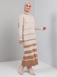 Beige - Stripe - Unlined - Crew neck - Knit Dresses