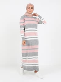 Crew-Neck Striped Sweater Modest Dress Powder