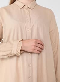 Beige - Point Collar - Cotton - Plus Size Tunic