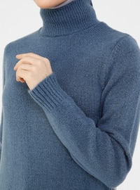 Blue - Polo neck - Unlined - Knit Tunics