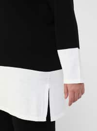 Ecru - Black - Polo neck - Unlined - Acrylic - Triko - Plus Size Suit