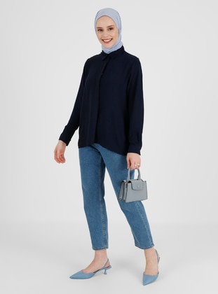 Navy Blue - Point Collar - Blouses - Refka