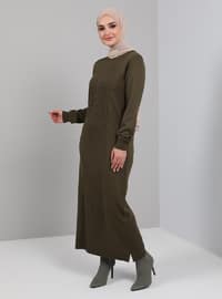 Crew-Neck Knit Detailed Knitwear Modest Dress Khaki
