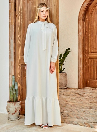 White - Polo neck - Fully Lined - Modest Dress - Ayşen Özen